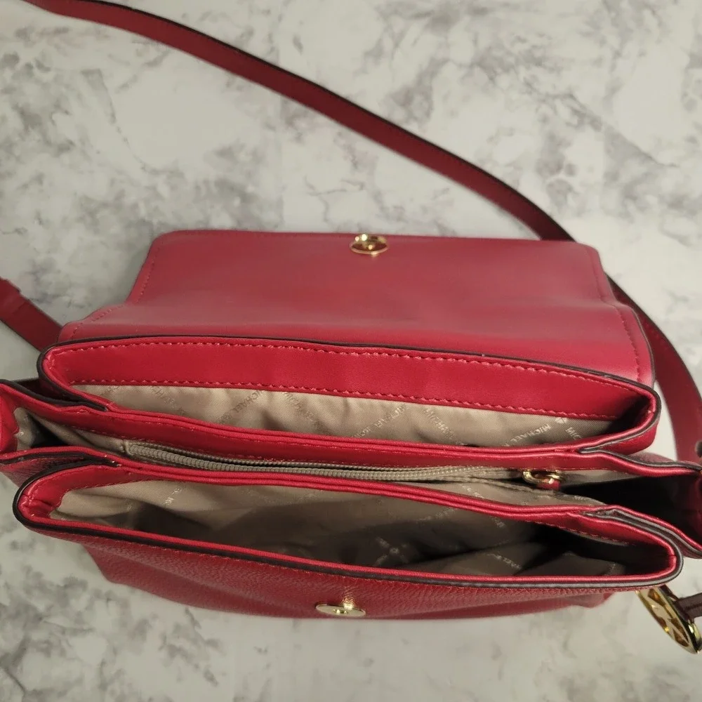 Michael Kors Red‎ Pebbled Leather Studded Flap Crossbody Bag Gold Hardware